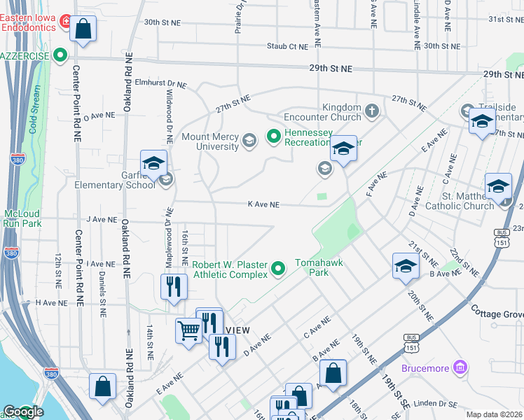 map of restaurants, bars, coffee shops, grocery stores, and more near 1833 K Ave NE in Cedar Rapids