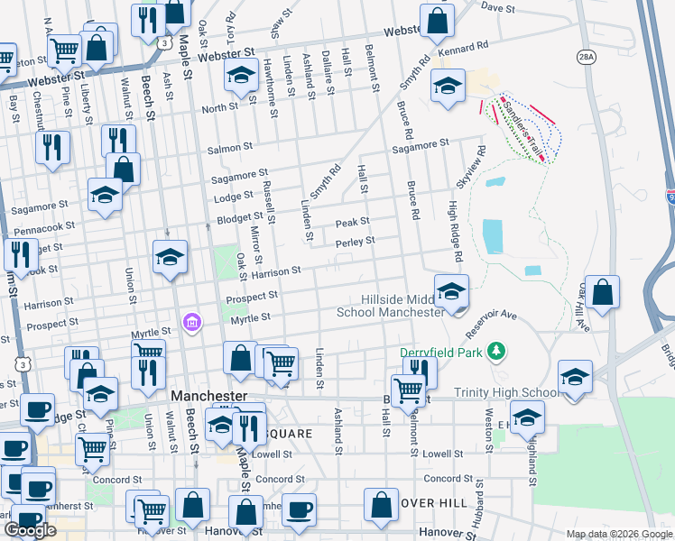 map of restaurants, bars, coffee shops, grocery stores, and more near 300 Harrison Street in Manchester