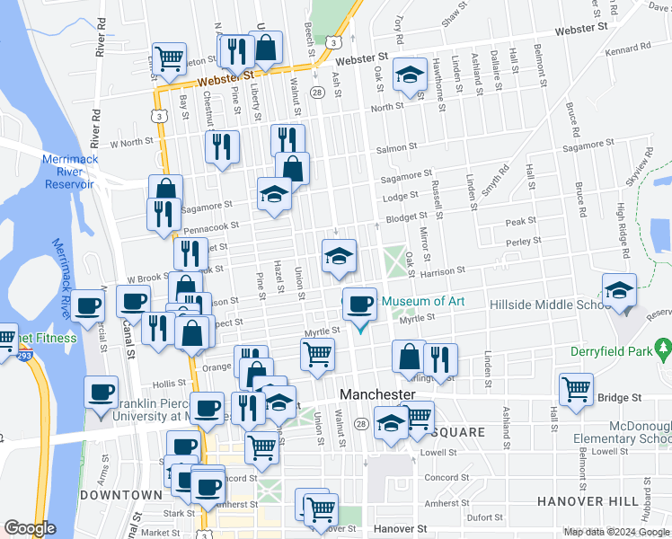 map of restaurants, bars, coffee shops, grocery stores, and more near 135 Brook Street in Manchester