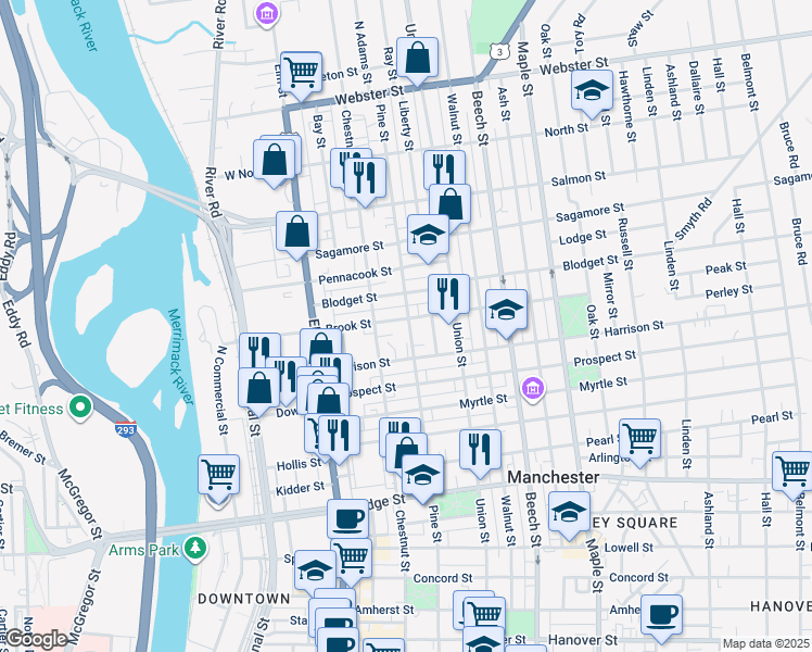 map of restaurants, bars, coffee shops, grocery stores, and more near 84 Brook Street in Manchester