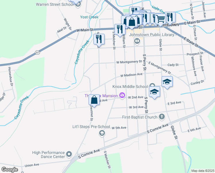 map of restaurants, bars, coffee shops, grocery stores, and more near 202 West Madison Avenue in Johnstown