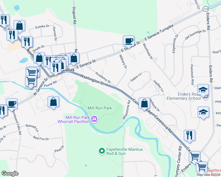 map of restaurants, bars, coffee shops, grocery stores, and more near 134 Academy Street in Manlius