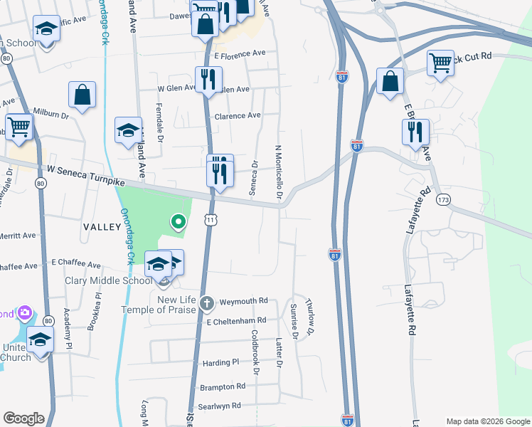 map of restaurants, bars, coffee shops, grocery stores, and more near 205 East Seneca Turnpike in Syracuse