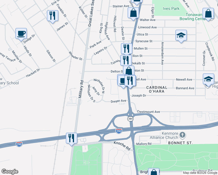 map of restaurants, bars, coffee shops, grocery stores, and more near 71 Eden Avenue in Tonawanda