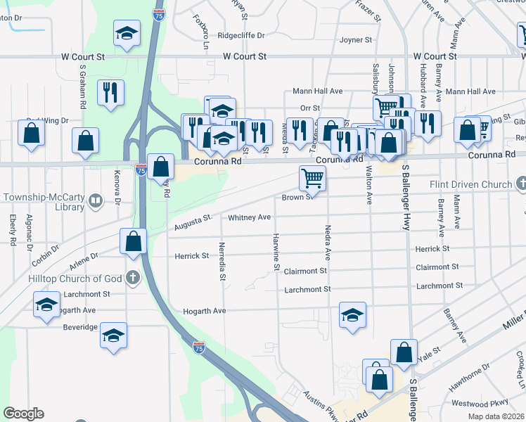 map of restaurants, bars, coffee shops, grocery stores, and more near 3239 Augusta Street in Flint