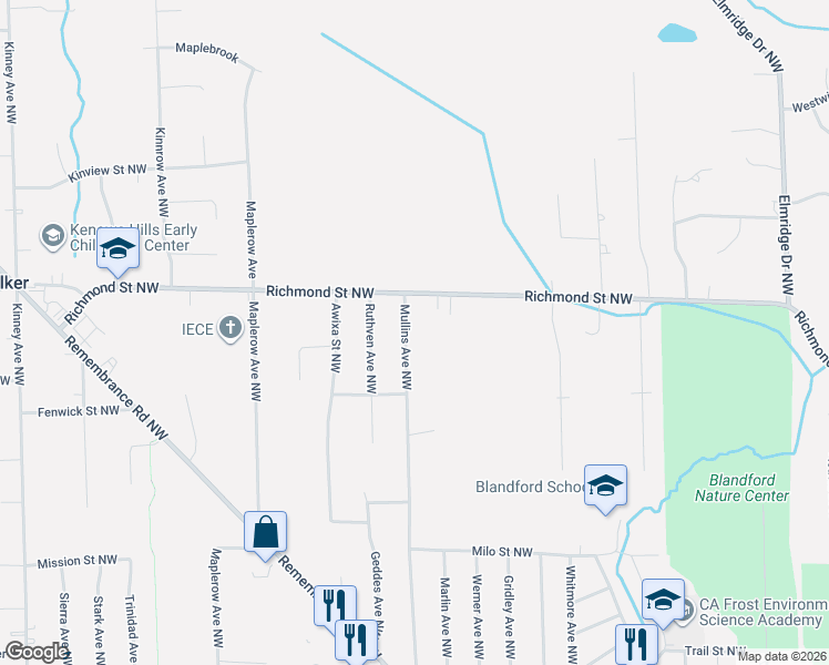 map of restaurants, bars, coffee shops, grocery stores, and more near 1954 Mullins Avenue Northwest in Walker
