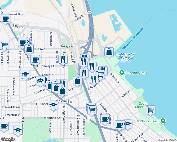 map of restaurants, bars, coffee shops, grocery stores, and more near 2200 South Wentworth Avenue in Milwaukee