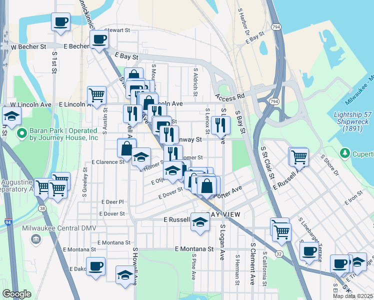 map of restaurants, bars, coffee shops, grocery stores, and more near 723 East Conway Street in Milwaukee