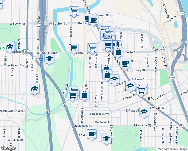 map of restaurants, bars, coffee shops, grocery stores, and more near 2423 South Austin Street in Milwaukee