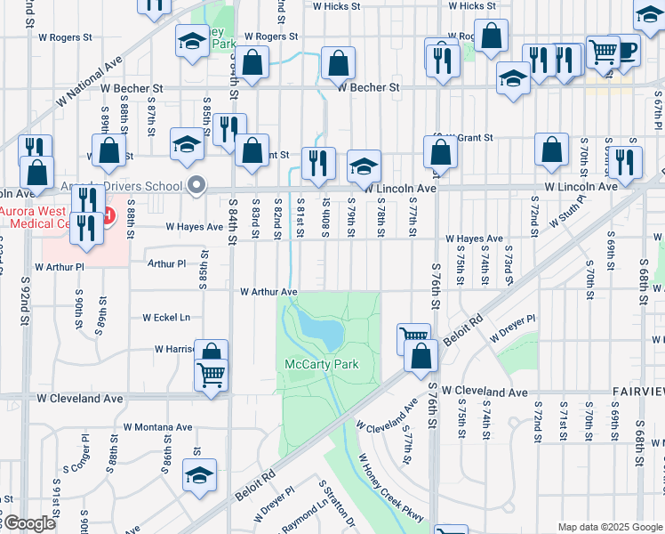 map of restaurants, bars, coffee shops, grocery stores, and more near 2416 South 80th Street in West Allis