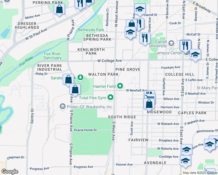 map of restaurants, bars, coffee shops, grocery stores, and more near 230 South West Avenue in Waukesha