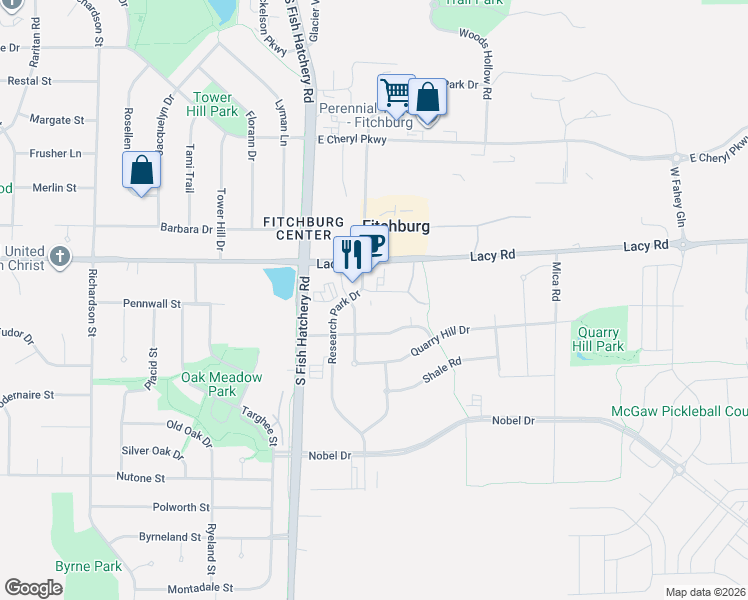 map of restaurants, bars, coffee shops, grocery stores, and more near 2685 Research Park Drive in Fitchburg