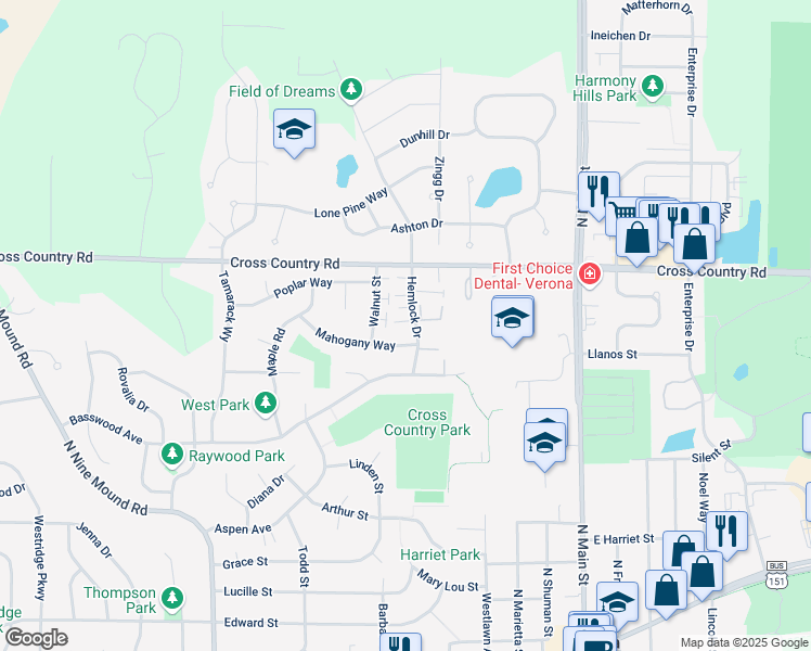 map of restaurants, bars, coffee shops, grocery stores, and more near 864 Hemlock Drive in Verona