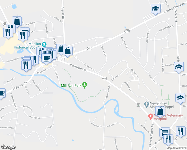 map of restaurants, bars, coffee shops, grocery stores, and more near 160 Washington Street in Manlius