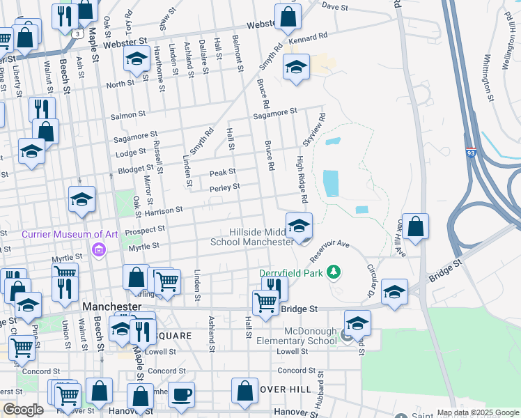map of restaurants, bars, coffee shops, grocery stores, and more near 890 Belmont Street in Manchester