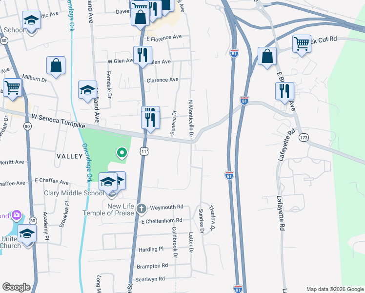 map of restaurants, bars, coffee shops, grocery stores, and more near 205 East Seneca Turnpike in Syracuse