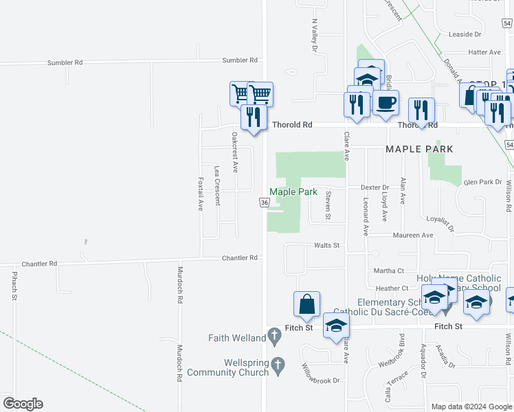 map of restaurants, bars, coffee shops, grocery stores, and more near 541 South Pelham Road in Welland