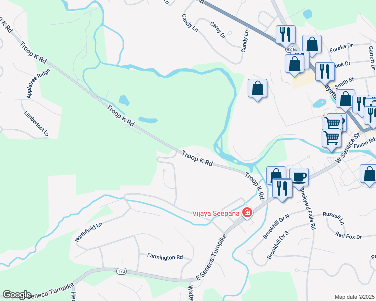 map of restaurants, bars, coffee shops, grocery stores, and more near 7642 Linkside Dr in Manlius