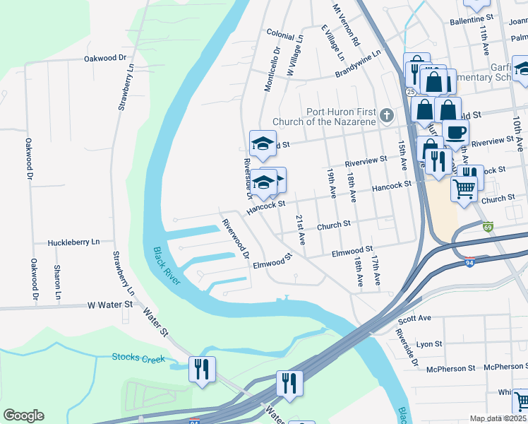 map of restaurants, bars, coffee shops, grocery stores, and more near 2602 Hancock Street in Port Huron