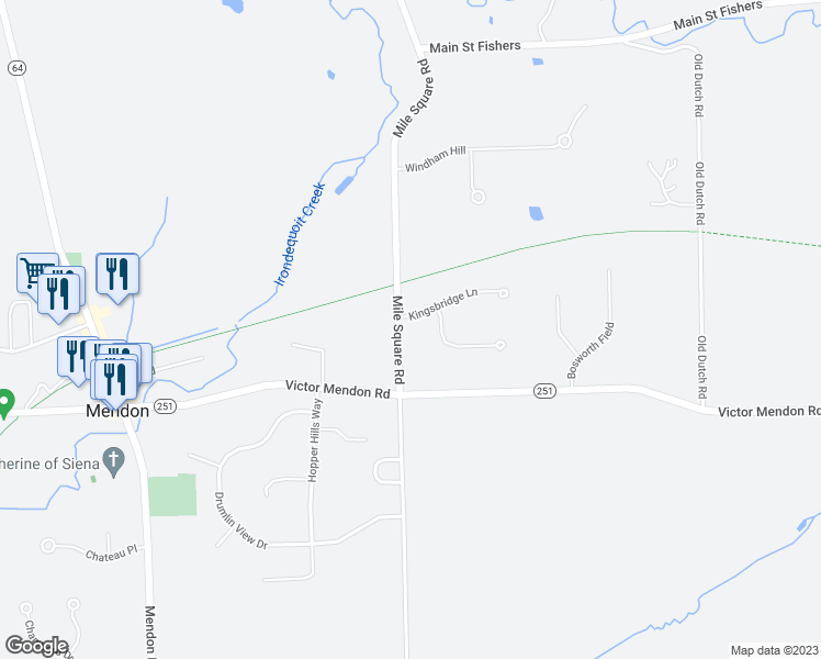 map of restaurants, bars, coffee shops, grocery stores, and more near 3 Kingsbridge Lane in Mendon