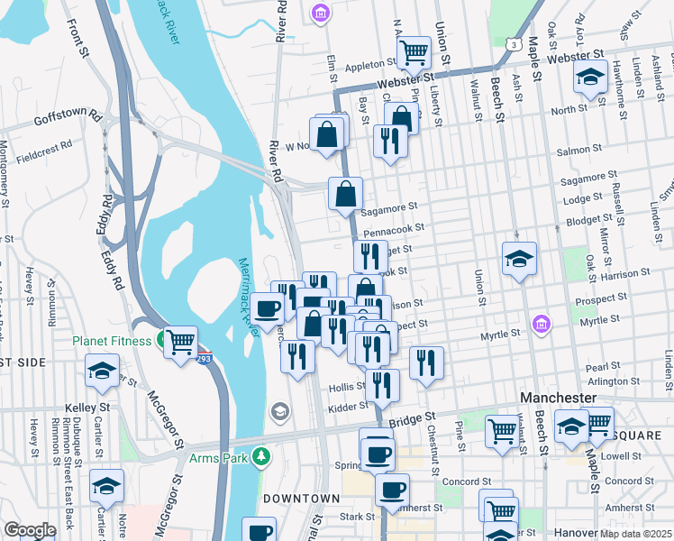 map of restaurants, bars, coffee shops, grocery stores, and more near 60 W Pennacook St in Manchester