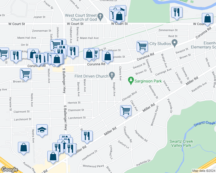 map of restaurants, bars, coffee shops, grocery stores, and more near 1325 Hughes Avenue in Flint
