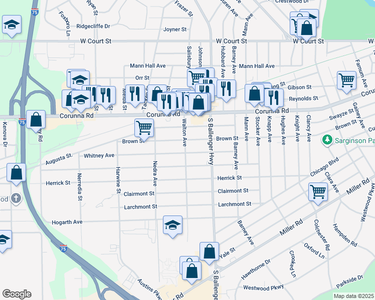 map of restaurants, bars, coffee shops, grocery stores, and more near 3722 Whitney Avenue in Flint