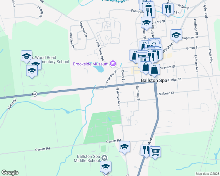 map of restaurants, bars, coffee shops, grocery stores, and more near 118 West High Street in Ballston Spa