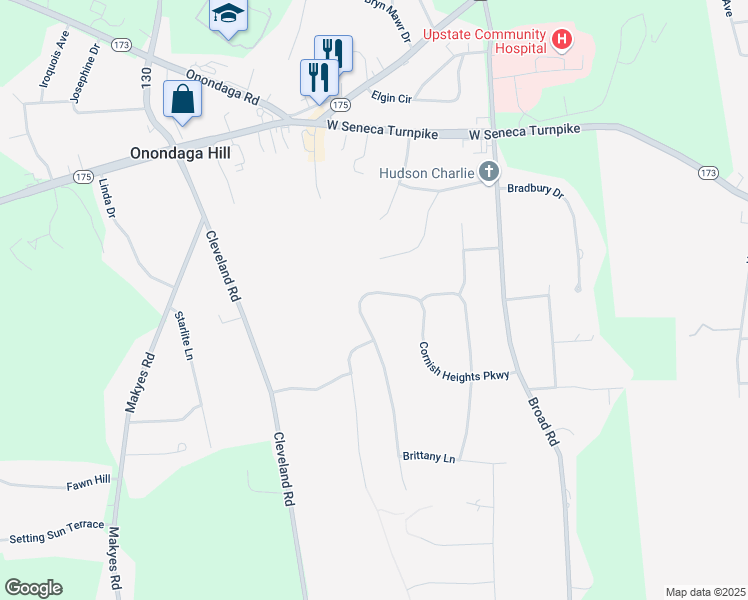 map of restaurants, bars, coffee shops, grocery stores, and more near 4913 Cornish Heights Parkway in Syracuse