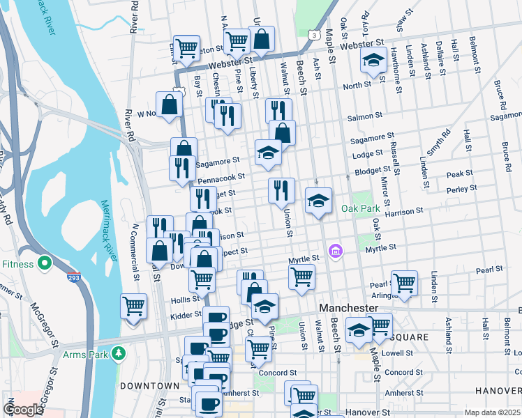 map of restaurants, bars, coffee shops, grocery stores, and more near 84 Brook Street in Manchester