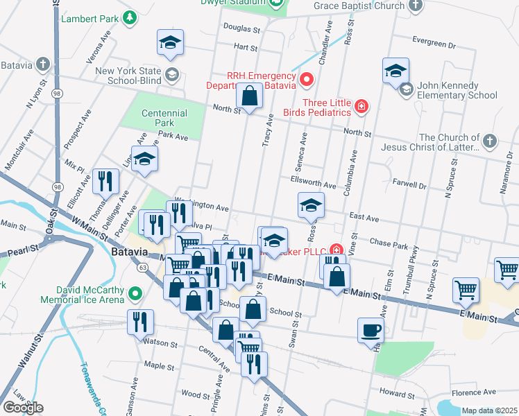 map of restaurants, bars, coffee shops, grocery stores, and more near 5 Tracy Avenue in Batavia