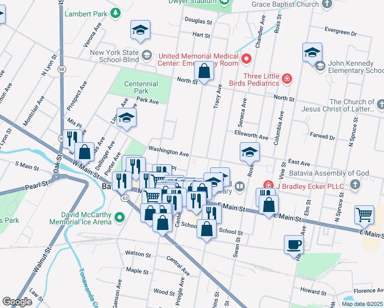 map of restaurants, bars, coffee shops, grocery stores, and more near 105 Bank Street in Batavia
