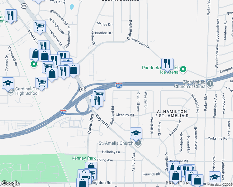 map of restaurants, bars, coffee shops, grocery stores, and more near 139 Rockland Road in Tonawanda