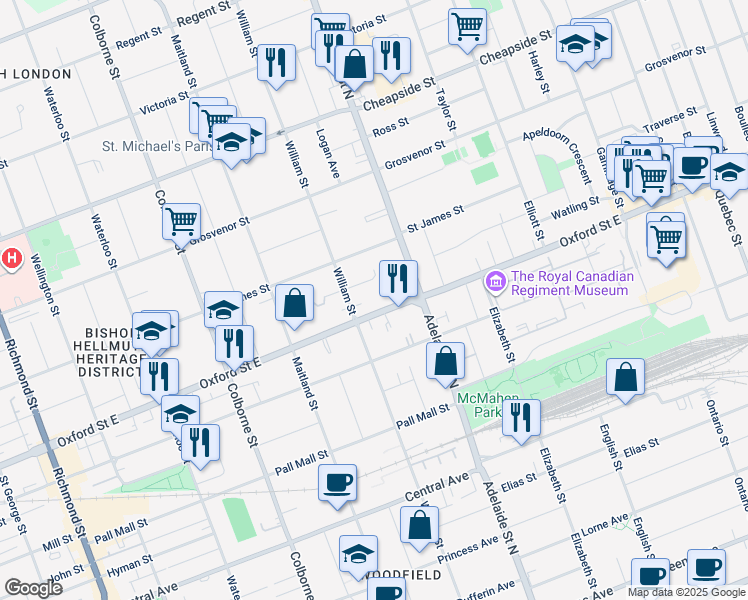 map of restaurants, bars, coffee shops, grocery stores, and more near 590 Oxford Street East in London