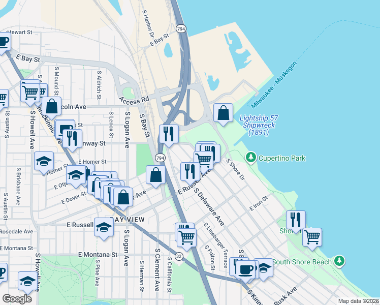 map of restaurants, bars, coffee shops, grocery stores, and more near 2421 South Superior Street in Milwaukee