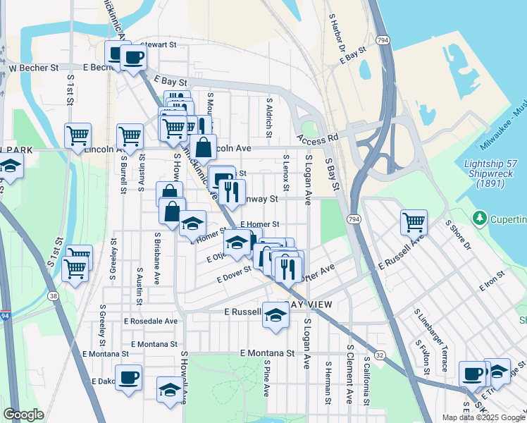 map of restaurants, bars, coffee shops, grocery stores, and more near 723 East Conway Street in Milwaukee