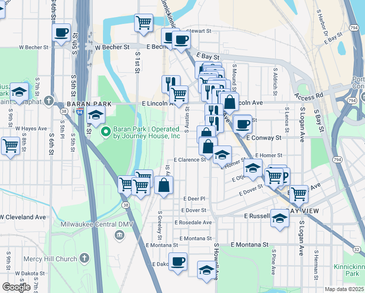 map of restaurants, bars, coffee shops, grocery stores, and more near 2423 South Austin Street in Milwaukee