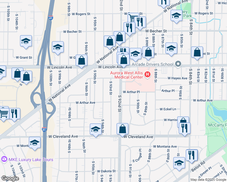 map of restaurants, bars, coffee shops, grocery stores, and more near 2401 South 92nd Street in West Allis
