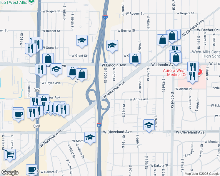 map of restaurants, bars, coffee shops, grocery stores, and more near 2412 South 100th Street in West Allis