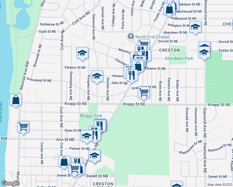 map of restaurants, bars, coffee shops, grocery stores, and more near 2037 Paris Avenue Northeast in Grand Rapids