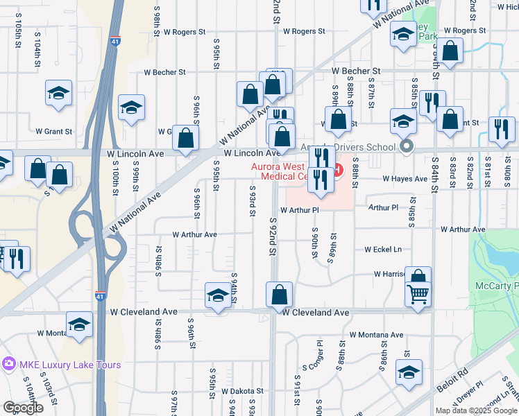 map of restaurants, bars, coffee shops, grocery stores, and more near 2401 South 92nd Street in West Allis