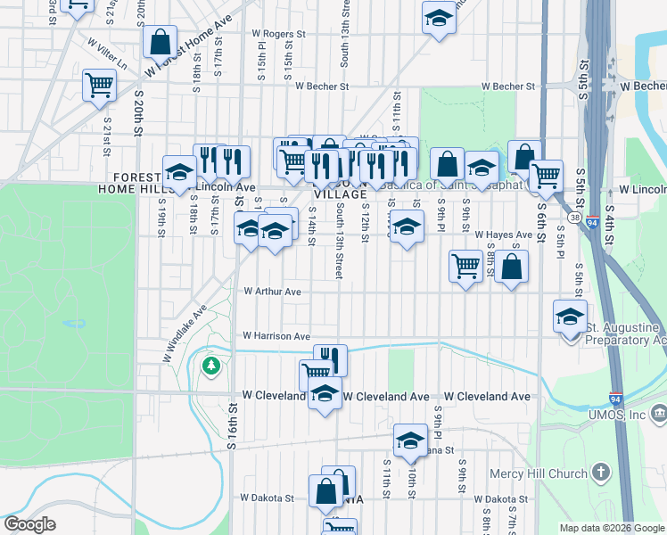 map of restaurants, bars, coffee shops, grocery stores, and more near 2453 South 13th Street in Milwaukee