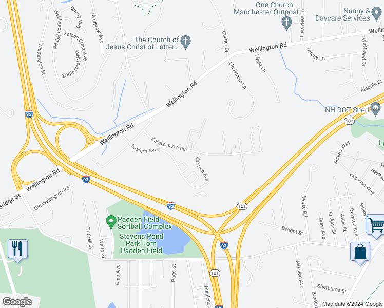 map of restaurants, bars, coffee shops, grocery stores, and more near 230 Eastern Avenue in Manchester