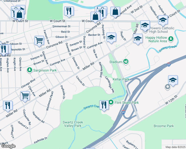 map of restaurants, bars, coffee shops, grocery stores, and more near 2119 Radcliffe Avenue in Flint