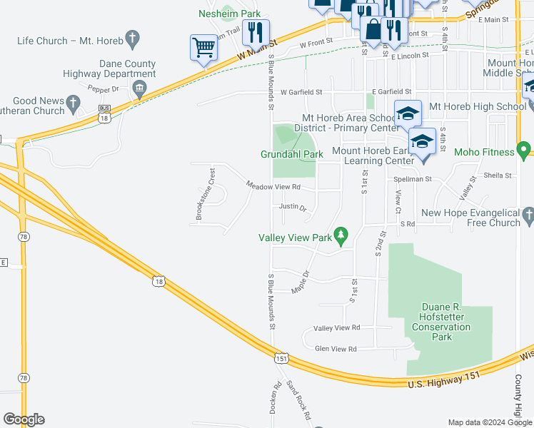 map of restaurants, bars, coffee shops, grocery stores, and more near 800 South Blue Mounds Street in Mount Horeb