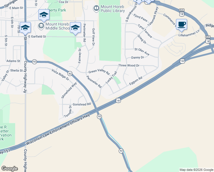 map of restaurants, bars, coffee shops, grocery stores, and more near 605 Lucky Trail in Mount Horeb