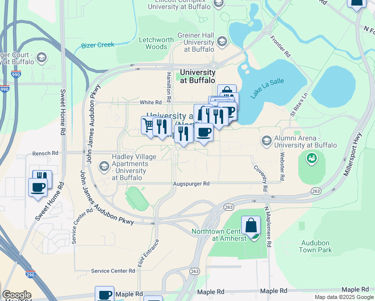 map of restaurants, bars, coffee shops, grocery stores, and more near Putnam Way in Buffalo