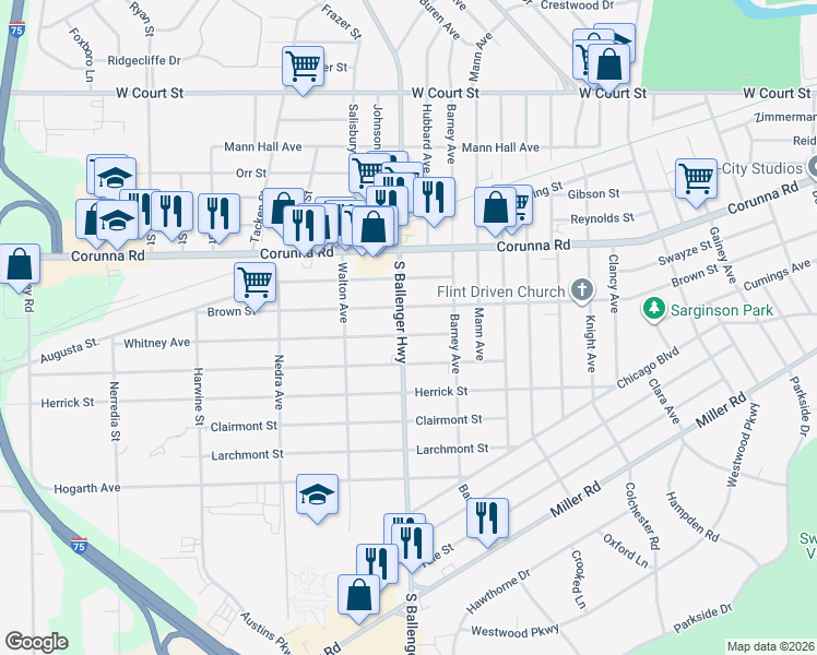 map of restaurants, bars, coffee shops, grocery stores, and more near 3521 Brown Street in Flint