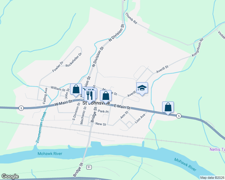 map of restaurants, bars, coffee shops, grocery stores, and more near 26 Washington Street in Saint Johnsville