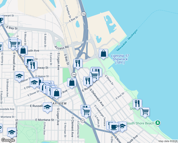 map of restaurants, bars, coffee shops, grocery stores, and more near 2421 South Superior Street in Milwaukee